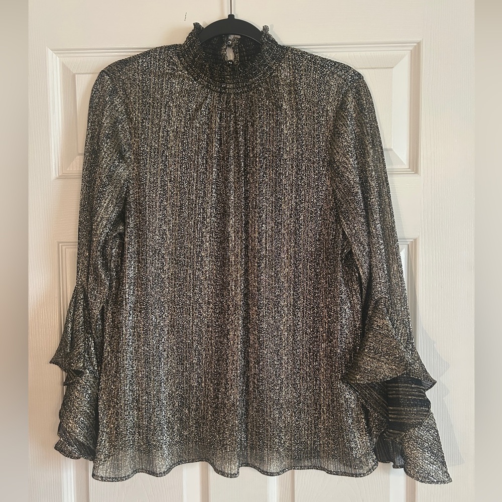 Vince Camuto Metallic Black & Gold Ruffled-Sleeve Blouse